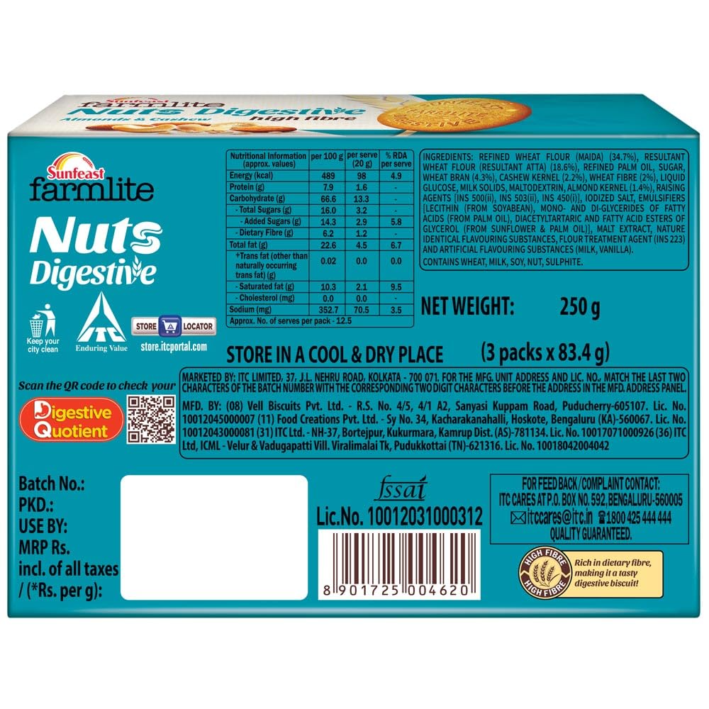 Sunfeast Farmlite Nuts Digestive Biscuit | High fibre | Goodness of Almonds, Cashews and Wheat Fibre, 250g