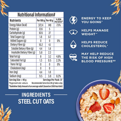 Bagrry's Steel Cut Oats 1.5kg Pouch | High in Dietary Fibre & Protein |Helps in Weight Management & Reducing Cholestrol