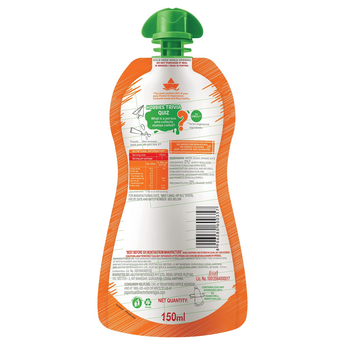 Paper Boat Orange Juice, Enriched with Vitamin D, No Added Preservatives and Colours (Pack of 9, 150ml each)