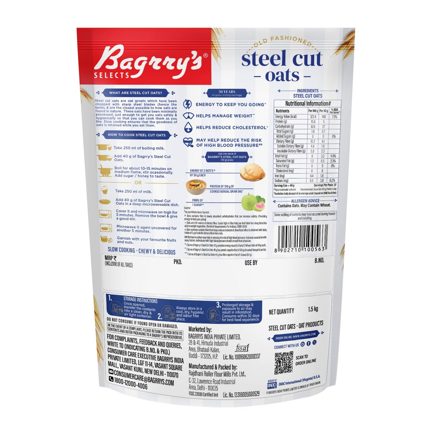 Bagrry's Steel Cut Oats 1.5kg Pouch | High in Dietary Fibre & Protein |Helps in Weight Management & Reducing Cholestrol