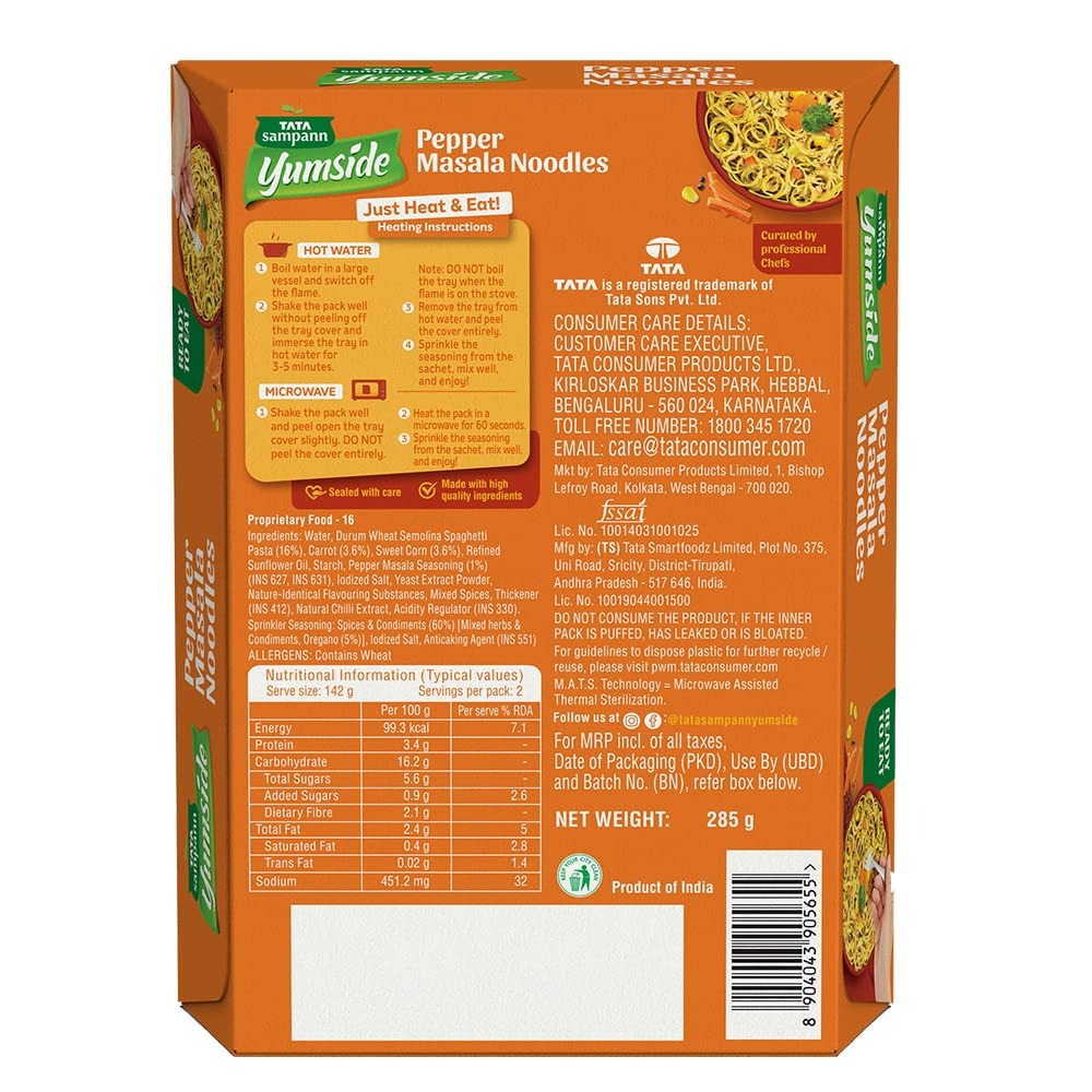 Tata Sampann Yumside Instant Pepper Masala Veg Noodles, 285g, Wheat Atta Noodles, Ready to Eat Food,