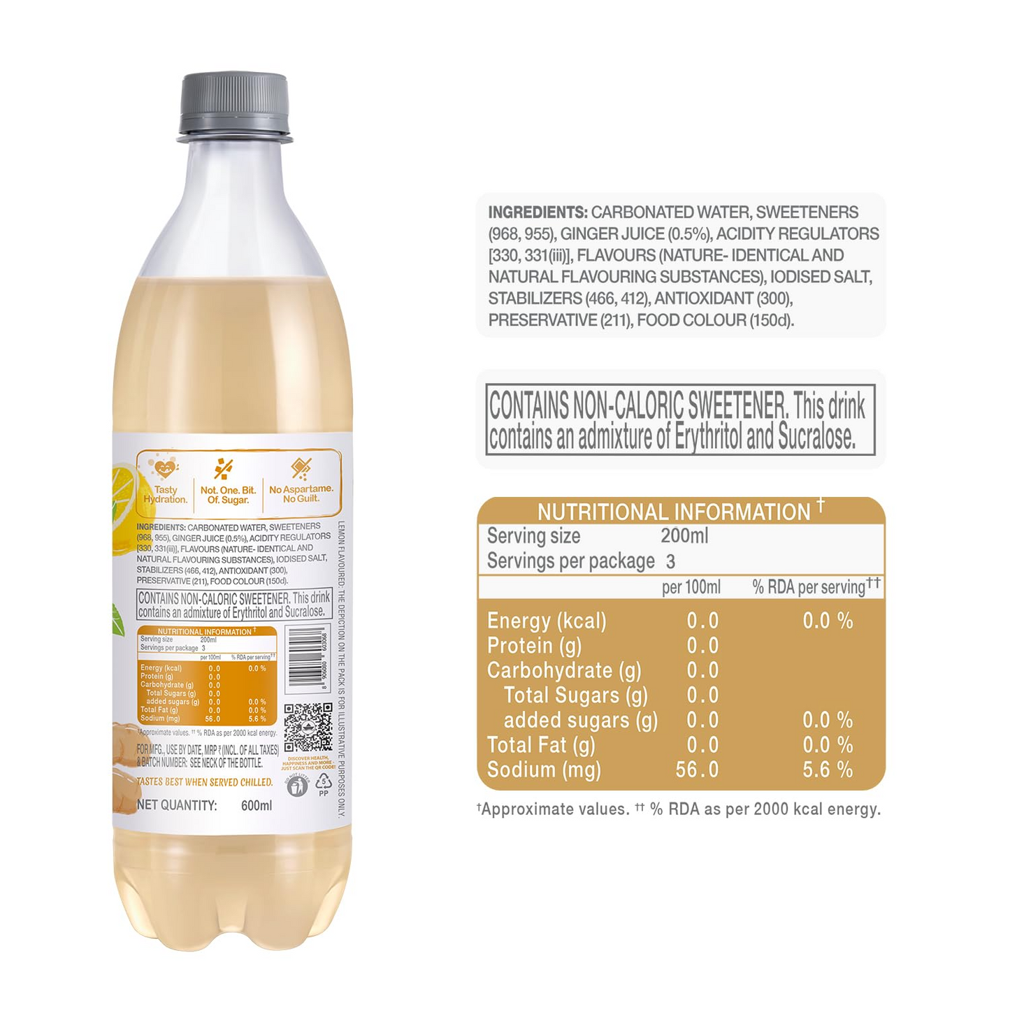 Paper Boat Ginger Lemon Sparkling Water, 600ml | Carbonated Water | Zero Sugar, Zero Calories I Sugar Free