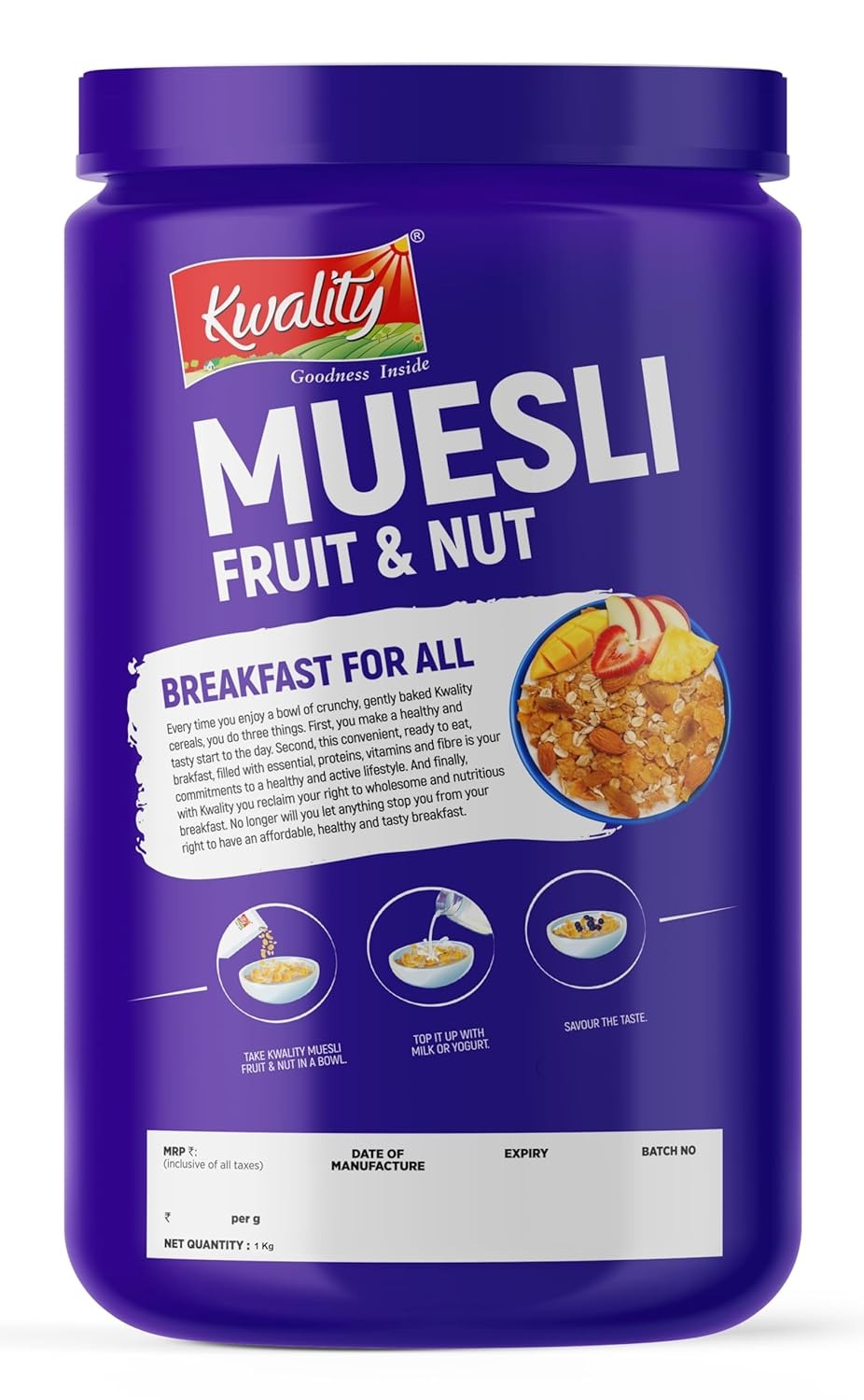 Kwality Muesli Fruit & Nut 1Kg Jar | 76% Multi Grains | No Maida | Natural Source of Vitamin & Iron | Healthy Food & Breakfast Cerea