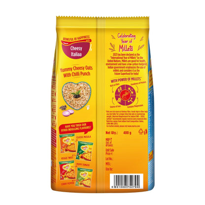 Saffola Masala Oats Cheesy Italian, Creamy Flavoured Rolled Oats with High Fibre, Yummy Anytime Snack, 400g