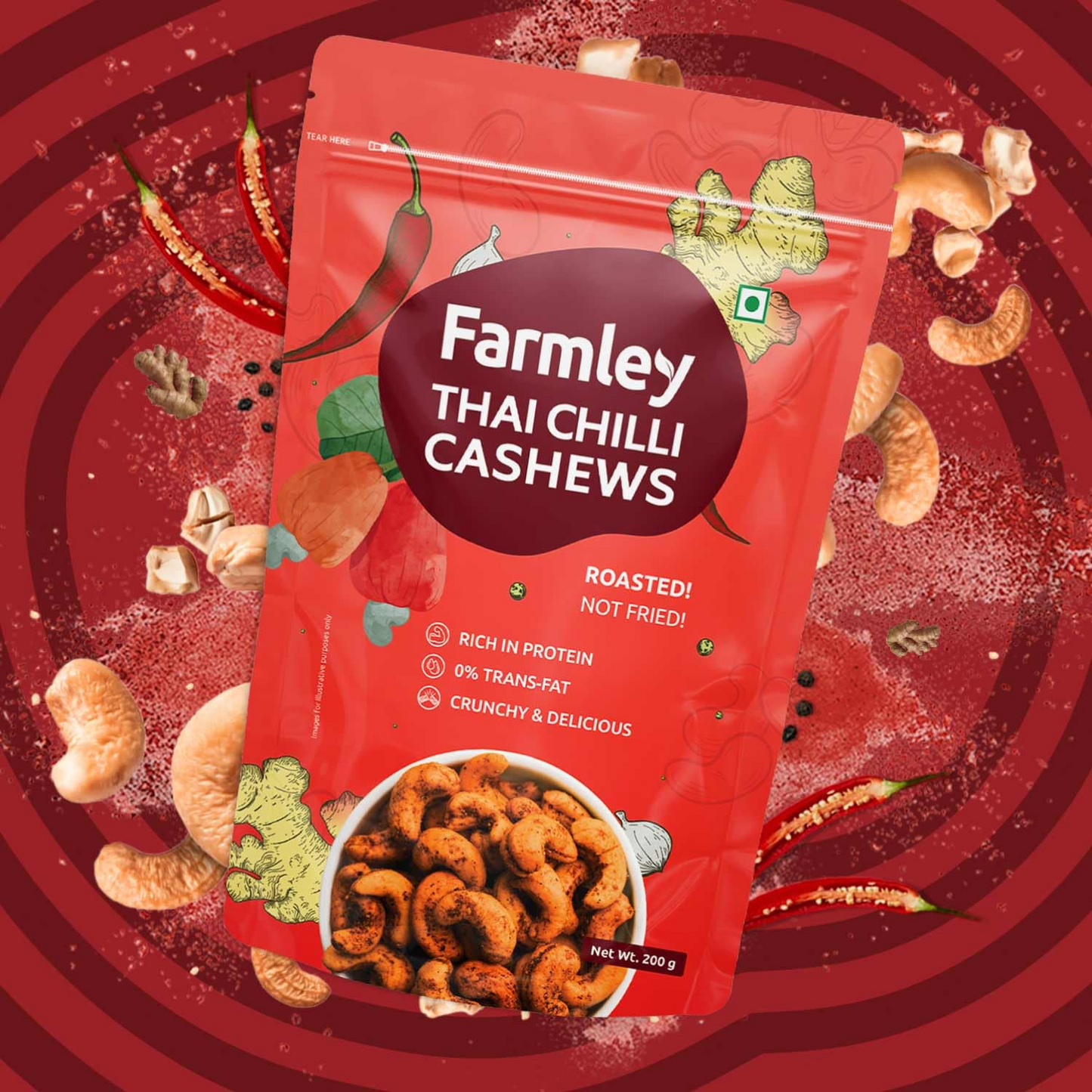 Farmley Premium Thai Chilli Roasted Dry Nut Cashew Snacks 160g | Rich in Protein | Crunchy & Delicious