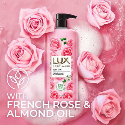 Lux Body Wash Soft Skin French Rose & Almond Oil Super Saver XL Pump Bottle with Long Lasting Fragrance, Glycerine, Paraben Free, Extra Foam, 750 ml