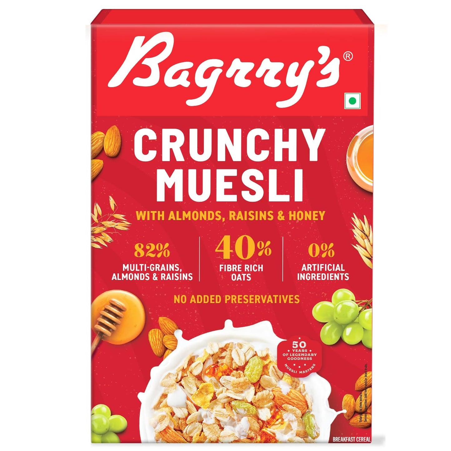 Bagrry's Crunchy Muesli 1.5kg Box| 40% Fibre Rich Oats with Bran | 82% Multi Grains, Almonds, Raisins & Honey | Breakfast Cereal | All Natural Muesli