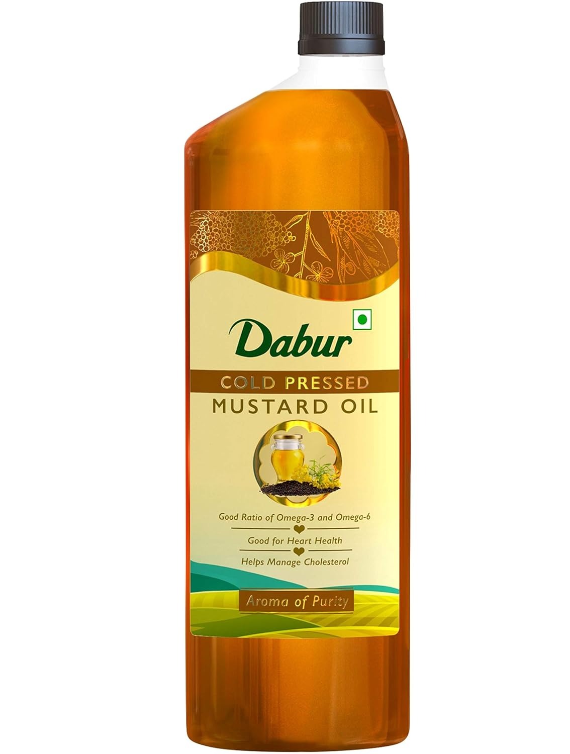 Dabur Cold Pressed Mustard Oil 1L | Healthy Cooking Oil | Goodness of Omega 3 & 6 | Perfect blend of Health, Taste & Aroma