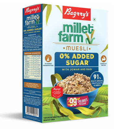 Bagrry’s Millet Farm, 0% Added Sugar Millet Muesli, 500g| No Added Sugar, Multigrain Millet Muesli with Ragi, Jowar, Wheat, Rolled Oats, Fruit, seeds