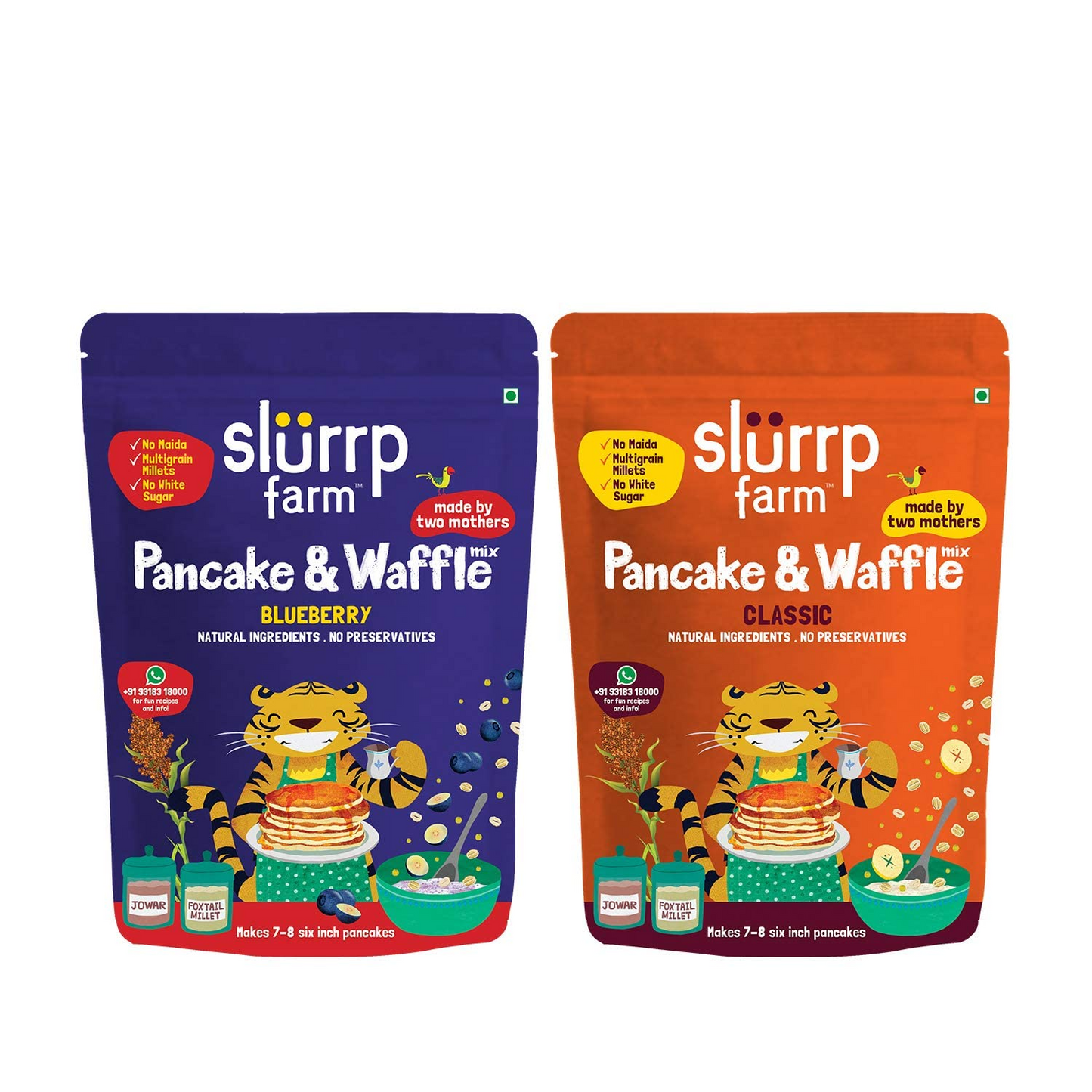 Slurrp Farm No Maida Pancake Mix | Instant Breakfast Mix made with Oats and Jowar | 100% Vegetarian | Blueberry and Classic Combo- 150g X 2