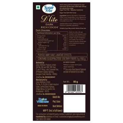 Sugar Free D'lite Rich Cocoa Dark Chocolate Bar, 80 Grams (Pack of 3)