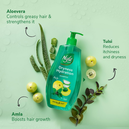 Nyle Naturals Dryness Hydration Shampoo| For Dry & Frizz Free Hair | With Tulsi, Amla and Aloe Vera|Gentle & Soft Shampoo | For Men & Women | 800ml