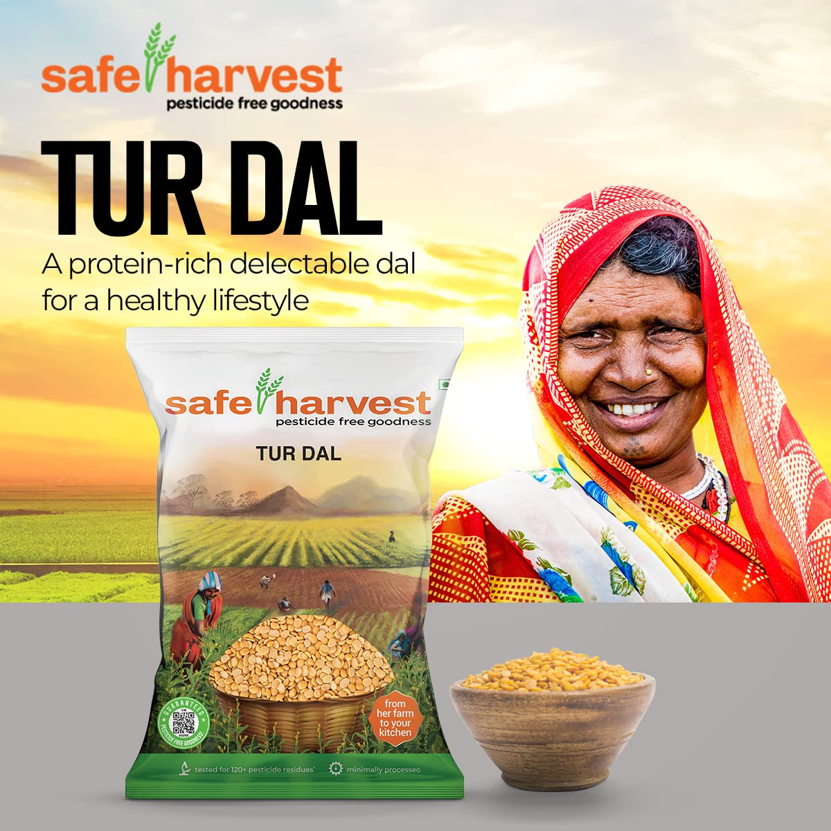 Safe Harvest Pesticide Free Goodness Unpolished Tur Dal/Arhar Dal | Natural | Chemical Free | Vegan | Gluten Free - 1Kg