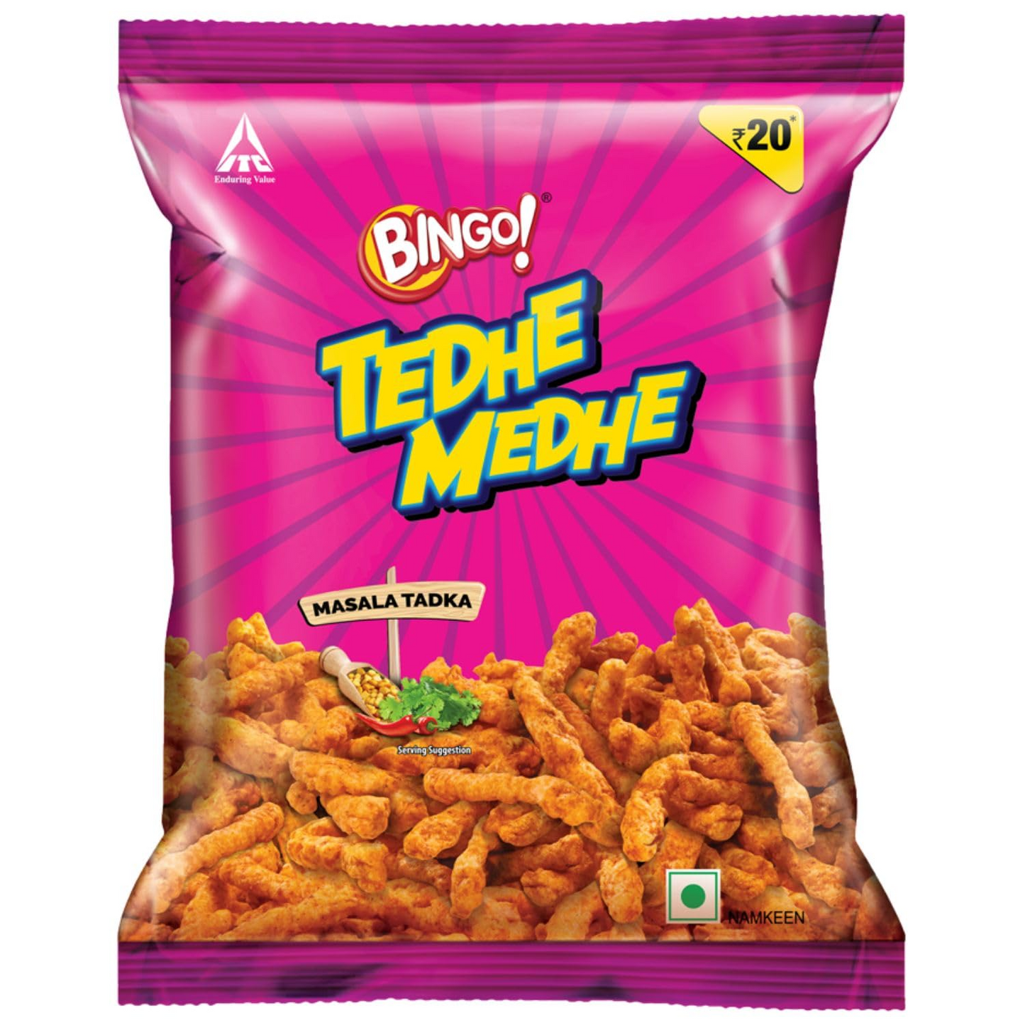 Bingo! Tedhe Medhe Masala Tadka, 90g, Spindle Shaped Crunchy Snack with Indian Masala Flavour Perfect for Snacking