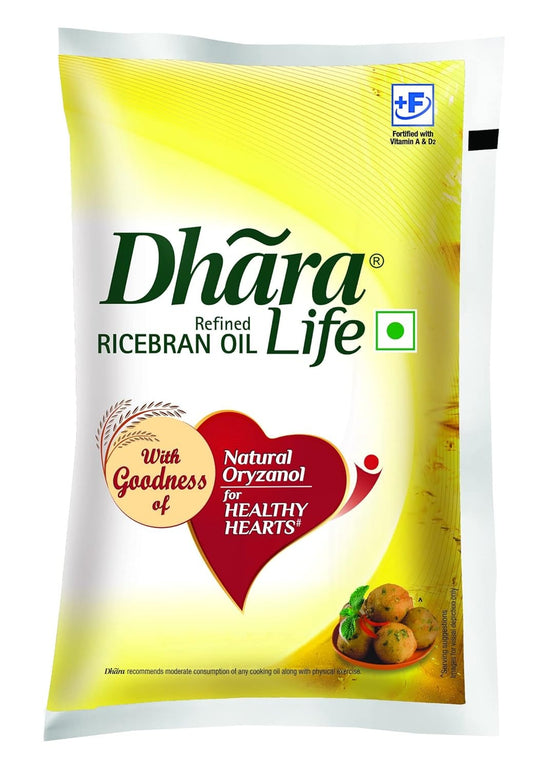 Dhara Life Refined Ricebran Oil Pouch, 1L