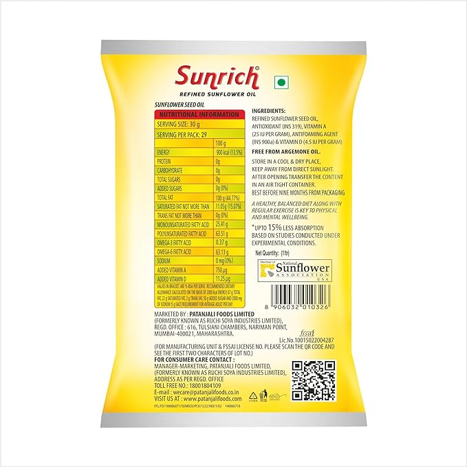 Sunrich Sunflower Oil 1 L Pouch, Edible Oil for Cooking & Frying, Everyday Kitchen Use, Vegetable Oil