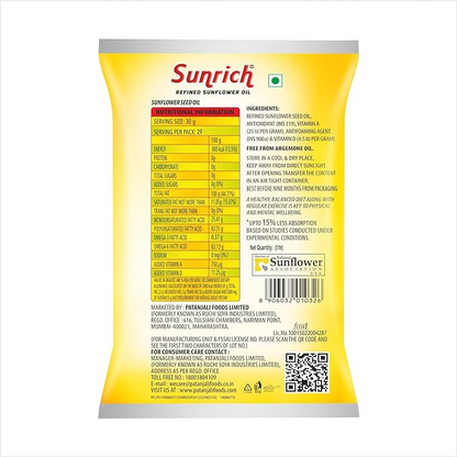 Sunrich Sunflower Oil 1 L Pouch, Edible Oil for Cooking & Frying, Everyday Kitchen Use, Vegetable Oil