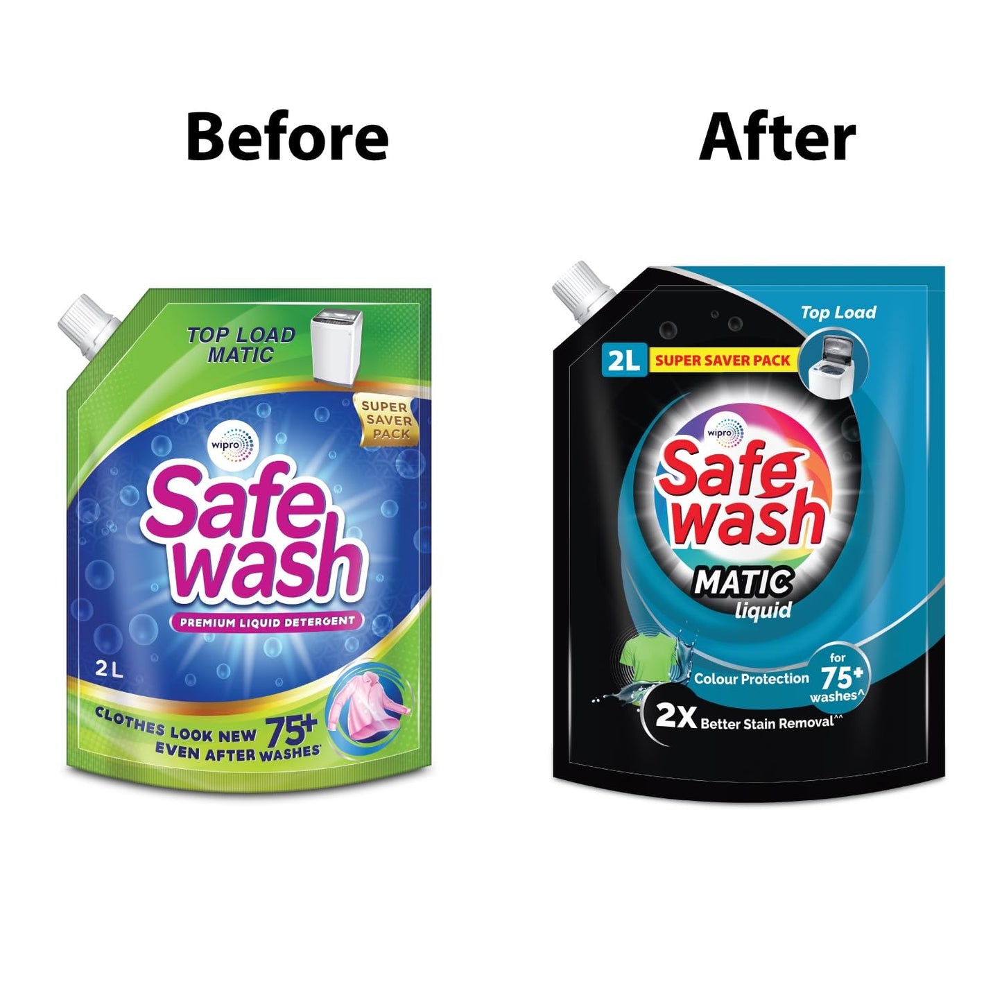 Safewash Top Load Matic Premium Liquid Detergent with Colour-Protect Technology| 2X Stain Removal | For All Types of Fabrics| 2L Refill Pouch