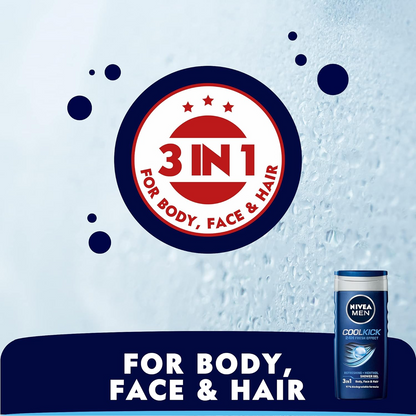 NIVEA MEN Cool Kick 250ml Body Wash| Shower Gel for Face, Body & Hair| Refreshing Icy MENthol|24 H Freshness |For All Skin & Hair Types