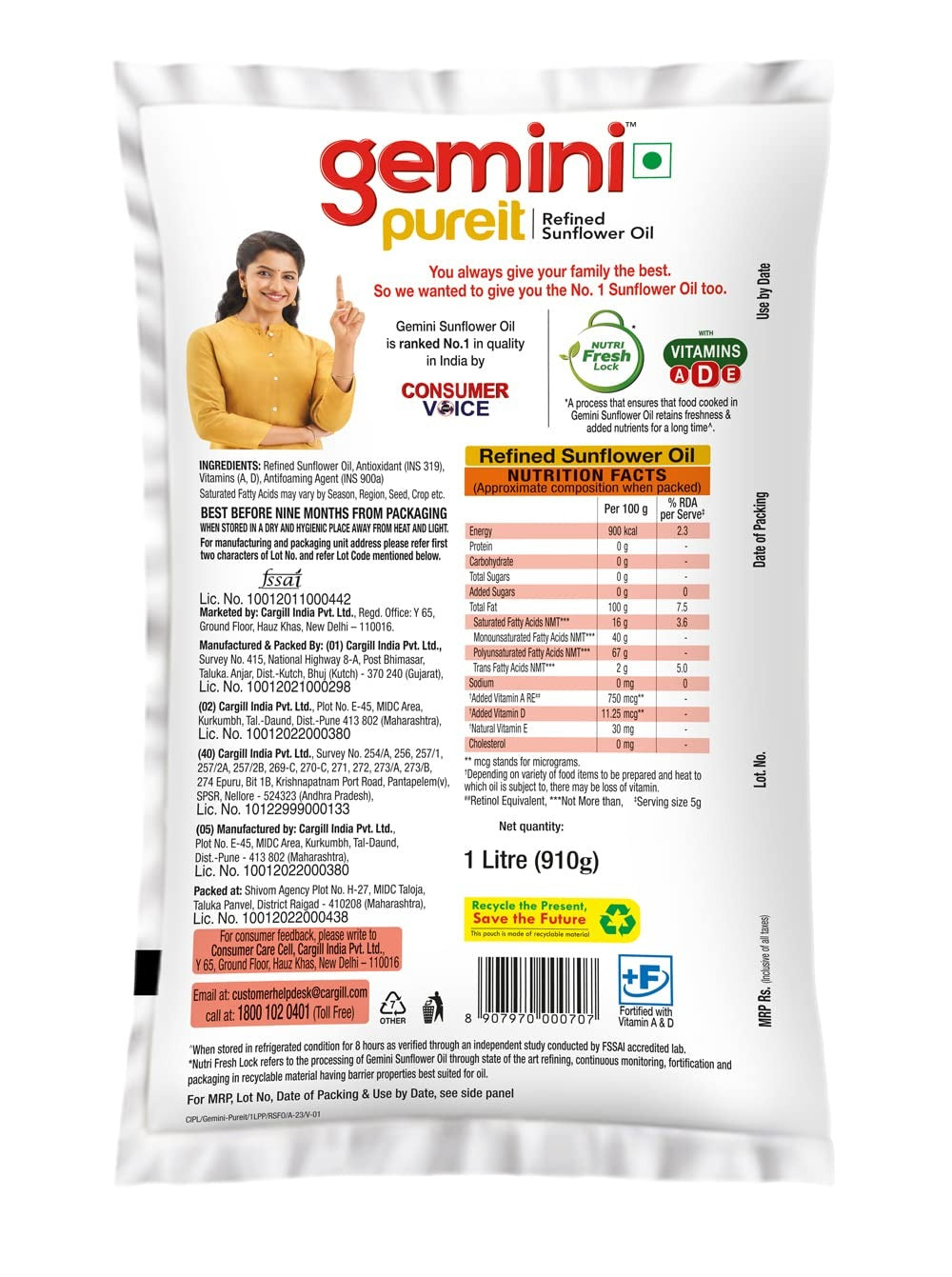 GEMINI PUREIT Refined Sunflower Oil 1LTR Pouch