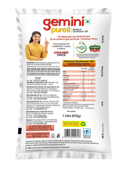 GEMINI PUREIT Refined Sunflower Oil 1LTR Pouch