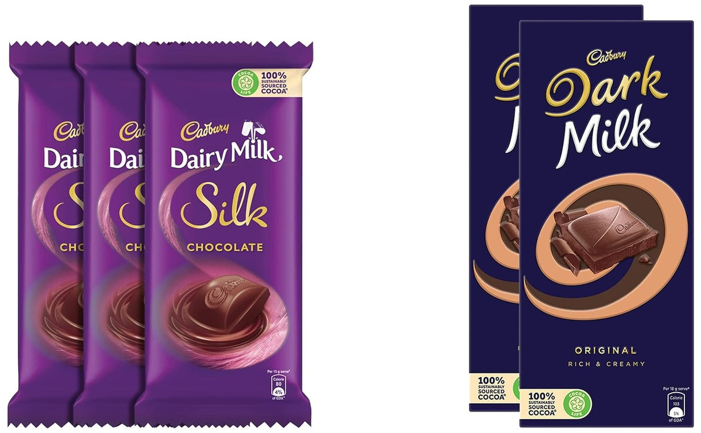 Cadbury Dairy Milk Silk Chocolate Bar, 150g (Pack of 3) & Dark Milk Chocolate Bar, 156g- Pack of 2