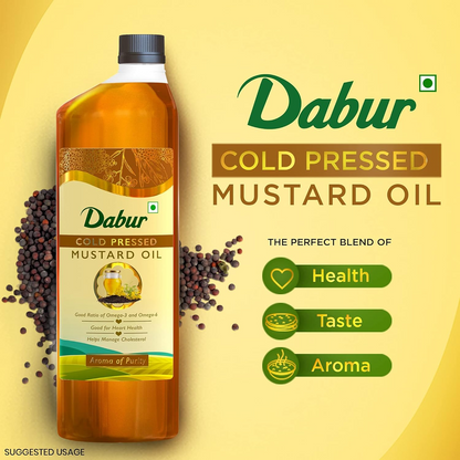 Dabur Cold Pressed Mustard Oil 1L | Healthy Cooking Oil | Goodness of Omega 3 & 6 | Perfect blend of Health, Taste & Aroma