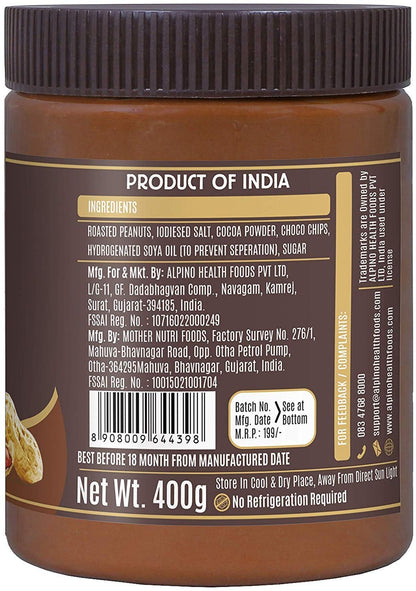 ALPINO Chocolate Peanut Butter Smooth 400g - Roasted Peanuts, Chocolate Paste, Brown Sugar & Sea Salt - 24g Protein, non-GMO,& Gluten Free