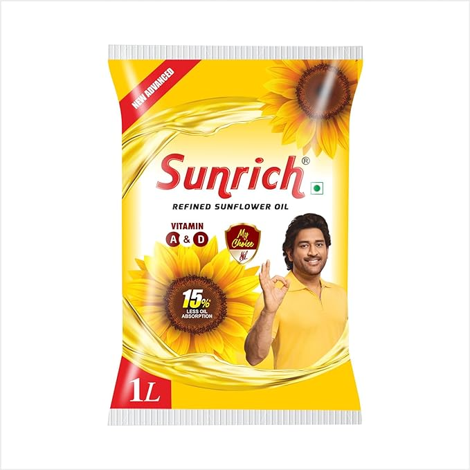 Sunrich Sunflower Oil 1 L Pouch, Edible Oil for Cooking & Frying, Everyday Kitchen Use, Vegetable Oil