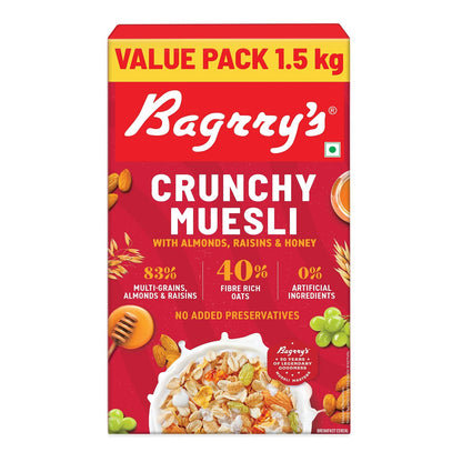 Bagrry's Crunchy Muesli 1.5kg Box| 40% Fibre Rich Oats with Bran | 82% Multi Grains, Almonds, Raisins & Honey | Breakfast Cereal | All Natural Muesli