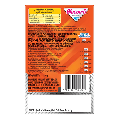 Glucon-D Tangy Orange Glucose Powder(450g, Refill)| For Tasty & Healthy Orange Flavoured Glucose Drink