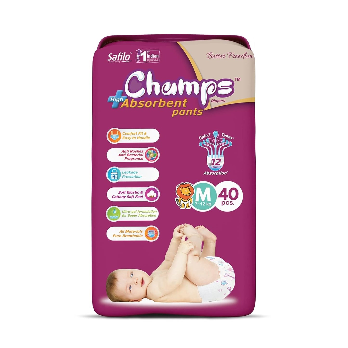 Champs Cotton Elastic Baby Diaper Breathable, Soft n Dry, Super Absorpation, Leakage Protection Pants for Babies_7 to 12 Kg_M_40 Pcs