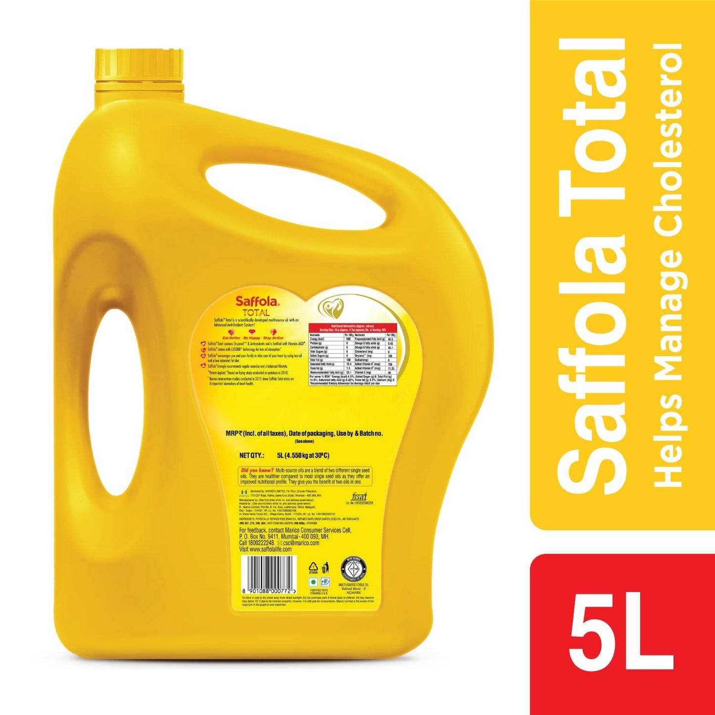 Saffola Total Refined Oil|Blend of Rice Bran Oil & Safflower oil|Cooking oil|Cholesterol Lowering Oil|Edible Oil 5L Jar