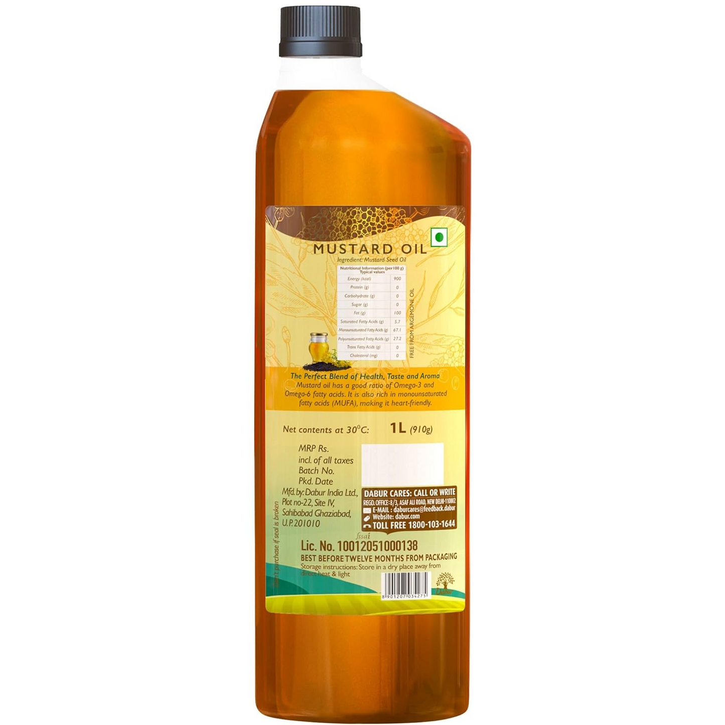 Dabur Cold Pressed Mustard Oil 1L | Healthy Cooking Oil | Goodness of Omega 3 & 6 | Perfect blend of Health, Taste & Aroma