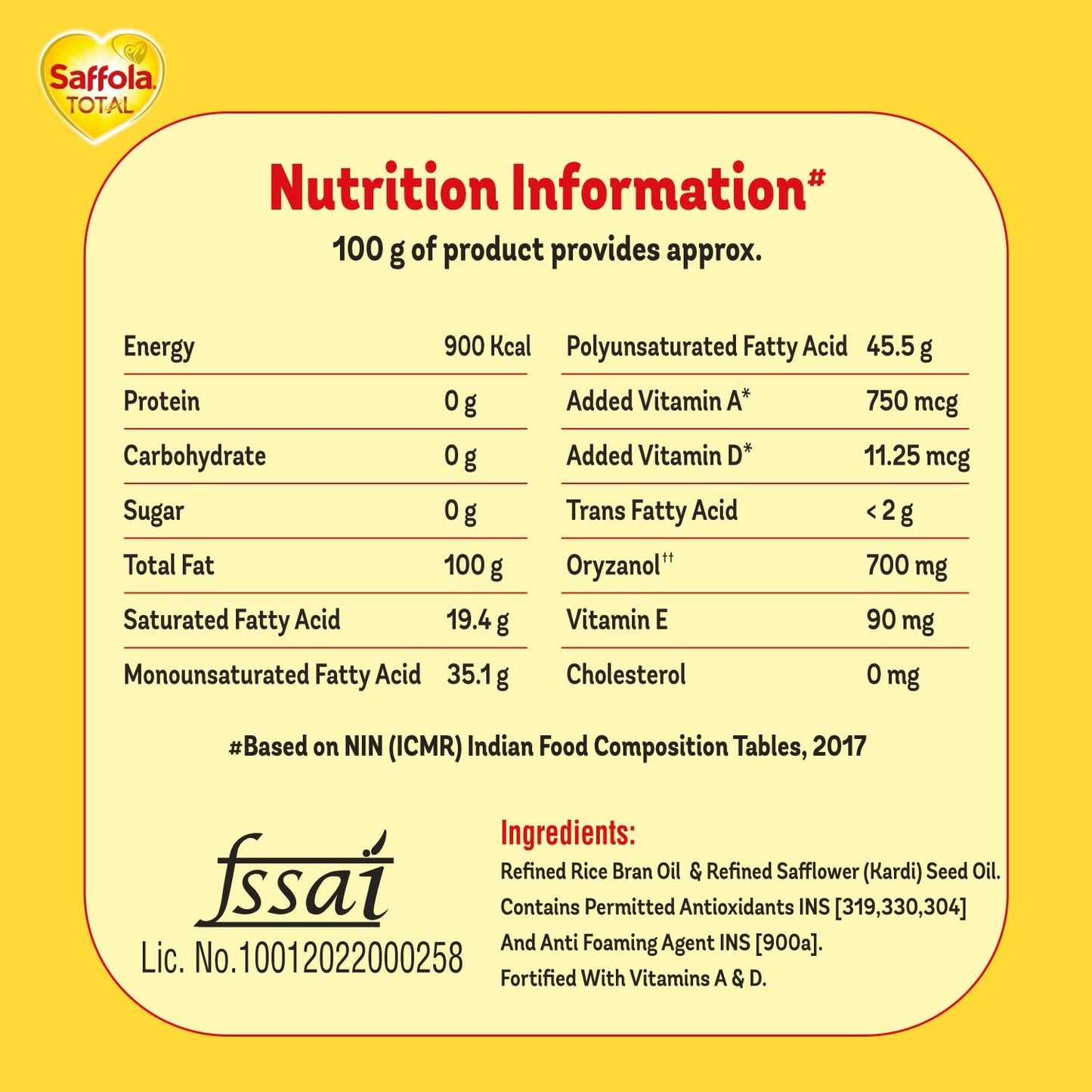 Saffola Total Refined Oil|Blend of Rice Bran Oil & Safflower oil|Cooking oil|Cholesterol Lowering Oil|Edible Oil 1L Pouch