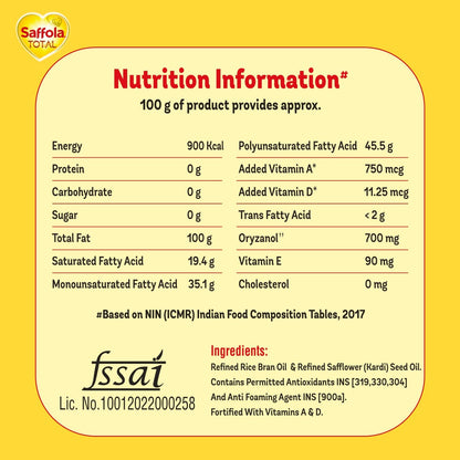 Saffola Total Refined Oil|Blend of Rice Bran Oil & Safflower oil|Cooking oil|Cholesterol Lowering Oil|Edible Oil 1L Pouch