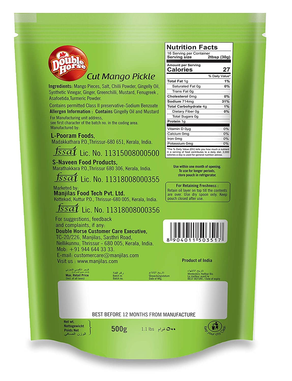 Double Horse Cut Mango Pickle, 500 g