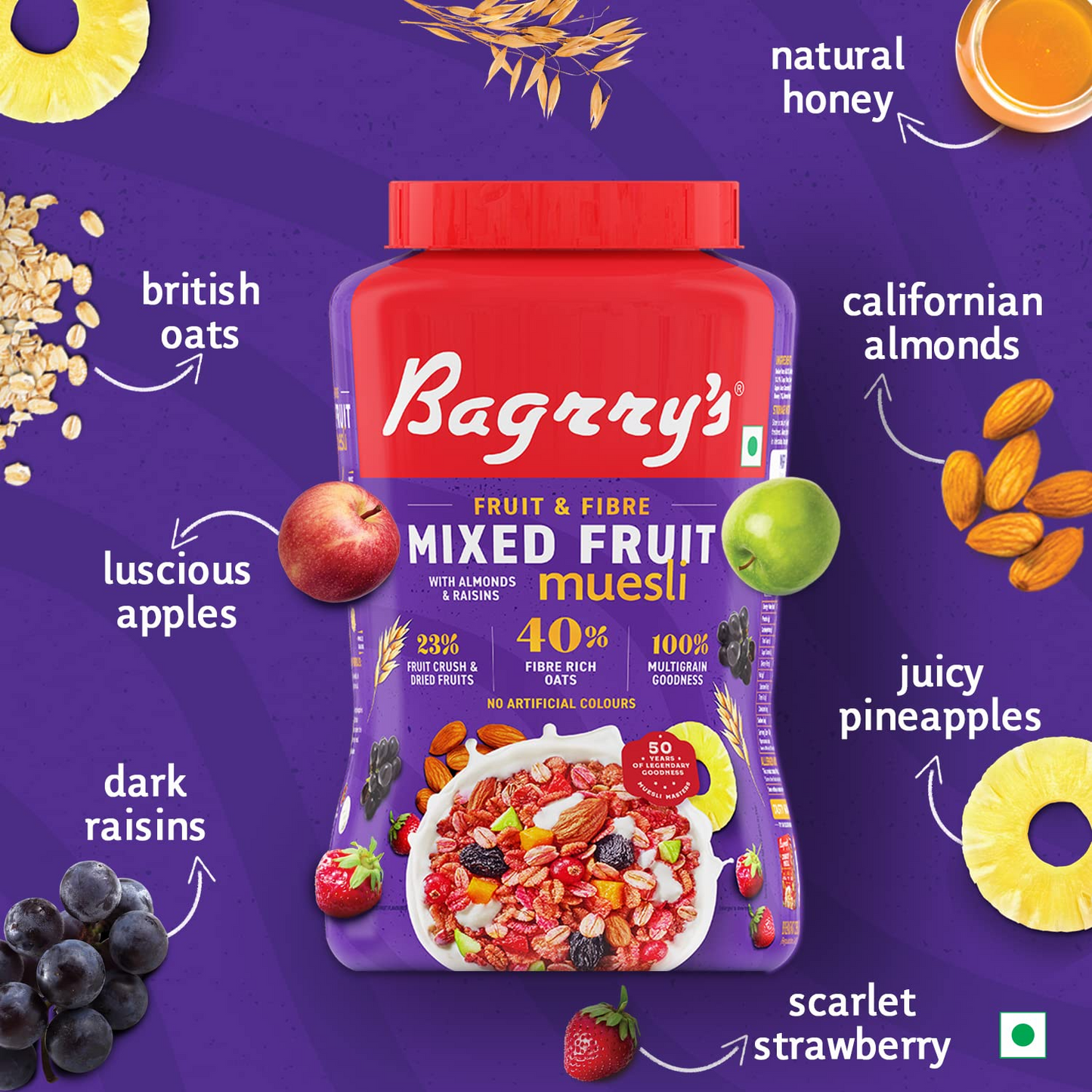 Bagrry's Fruit N Fibre Muesli, Mixed Fruit, 1000g