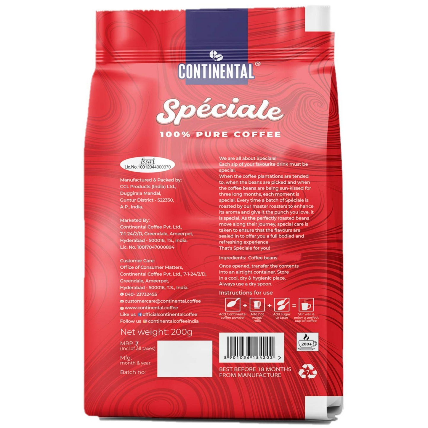 Continental Coffee Special Pure Instant Coffee Granules 200g Pouch | 100% Pure Coffee Powder