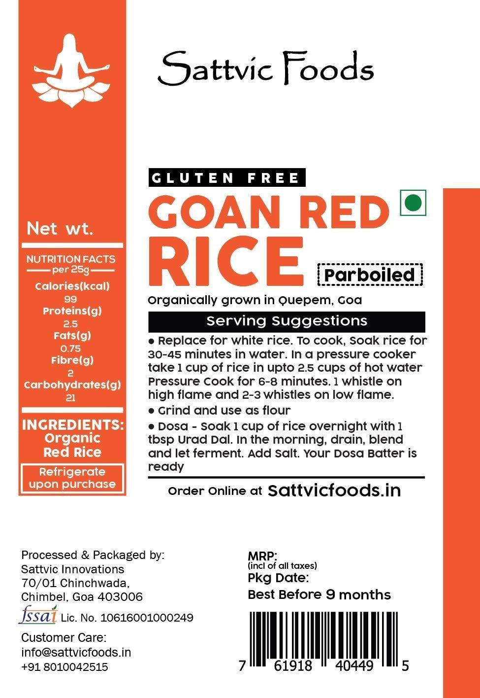 Sattvic Foods Goan Red Rice (Parboiled) 9 kg Pouch