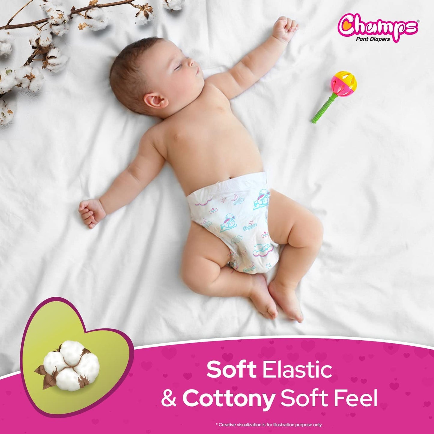 Champs Cotton Elastic Baby Diaper Breathable, Soft n Dry, Super Absorpation, Leakage Protection Pants for Babies_12 to 17 Kg_XL_32 Pcs