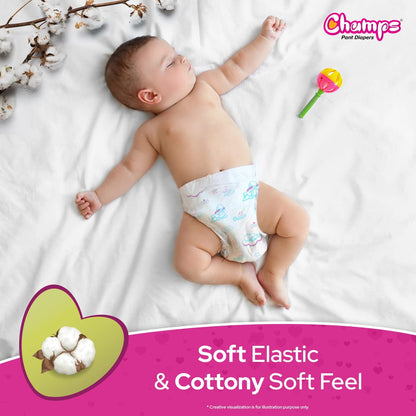 Champs Cotton Elastic Baby Diaper Breathable, Soft n Dry, Super Absorpation, Leakage Protection Pants for Babies_12 to 17 Kg_XL_32 Pcs