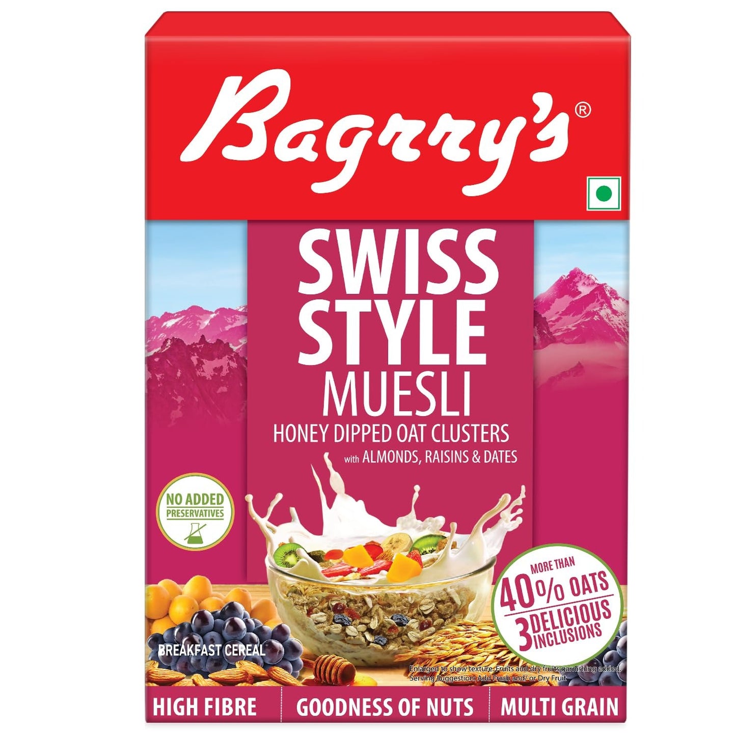 Bagrry's Swiss Style Muesli 500gm Box | More than 40% Imported Oats | Honey Dipped Oat Clusters | High Fibre with Added Bran | Source of Protein |