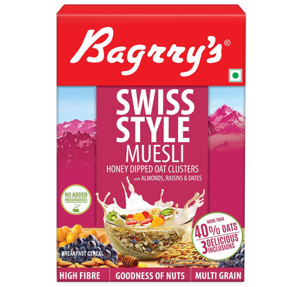 Bagrry's Swiss Style Muesli 500gm Box | More than 40% Imported Oats | Honey Dipped Oat Clusters | High Fibre with Added Bran | Source of Protein |