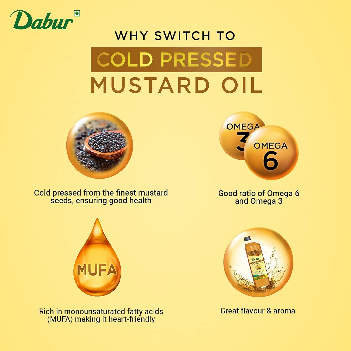 Dabur Cold Pressed Mustard Oil 1L | Healthy Cooking Oil | Goodness of Omega 3 & 6 | Perfect blend of Health, Taste & Aroma