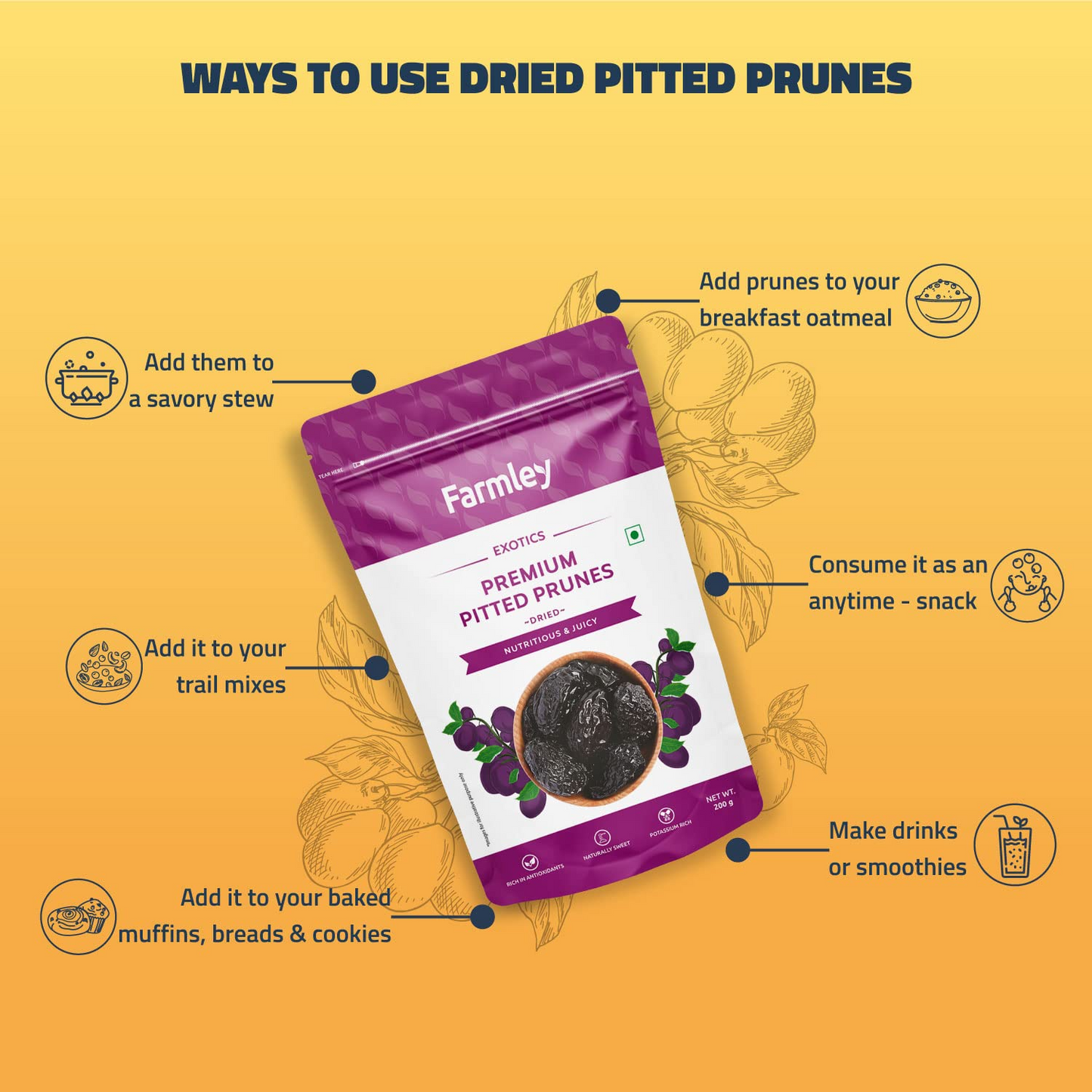 Farmley Premium California Pitted Dried Prunes 200 grams High in Vitamins and Fiber