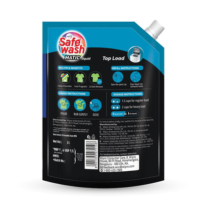 Safewash Top Load Matic Premium Liquid Detergent with Colour-Protect Technology| 2X Stain Removal | For All Types of Fabrics| 2L Refill Pouch