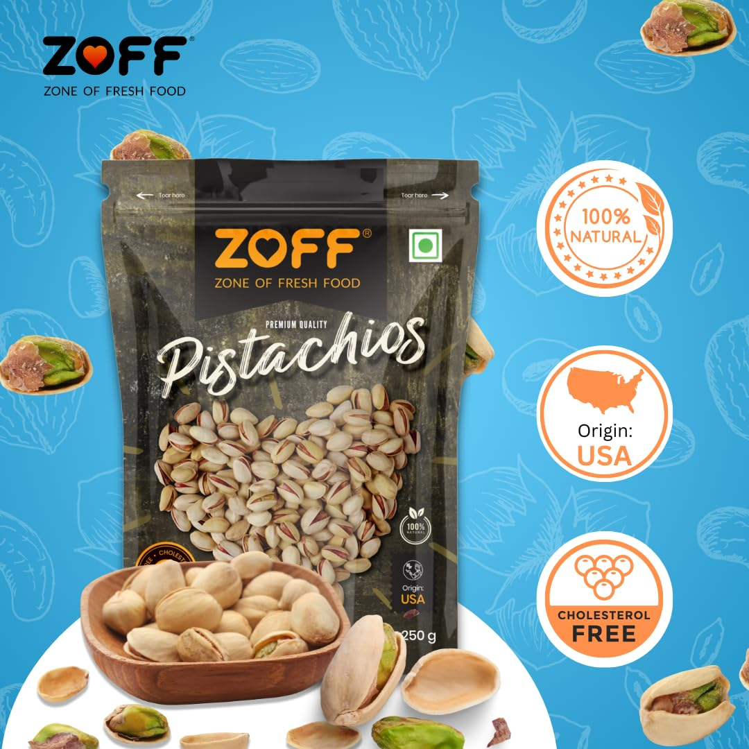 Zoff Pistachios Shelled | Pista Nuts Super Crunchy & Delicious Healthy Snack, Vitamins & Minerals Rich, Hygienically Packed | 250 Gm