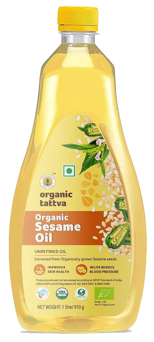 Organic Tattva, Organic Sesame Oil, 1 Litre | Unrefined Safed Til Ka Tel | Cholesterol and Tran Fat Free| 100% Organic |