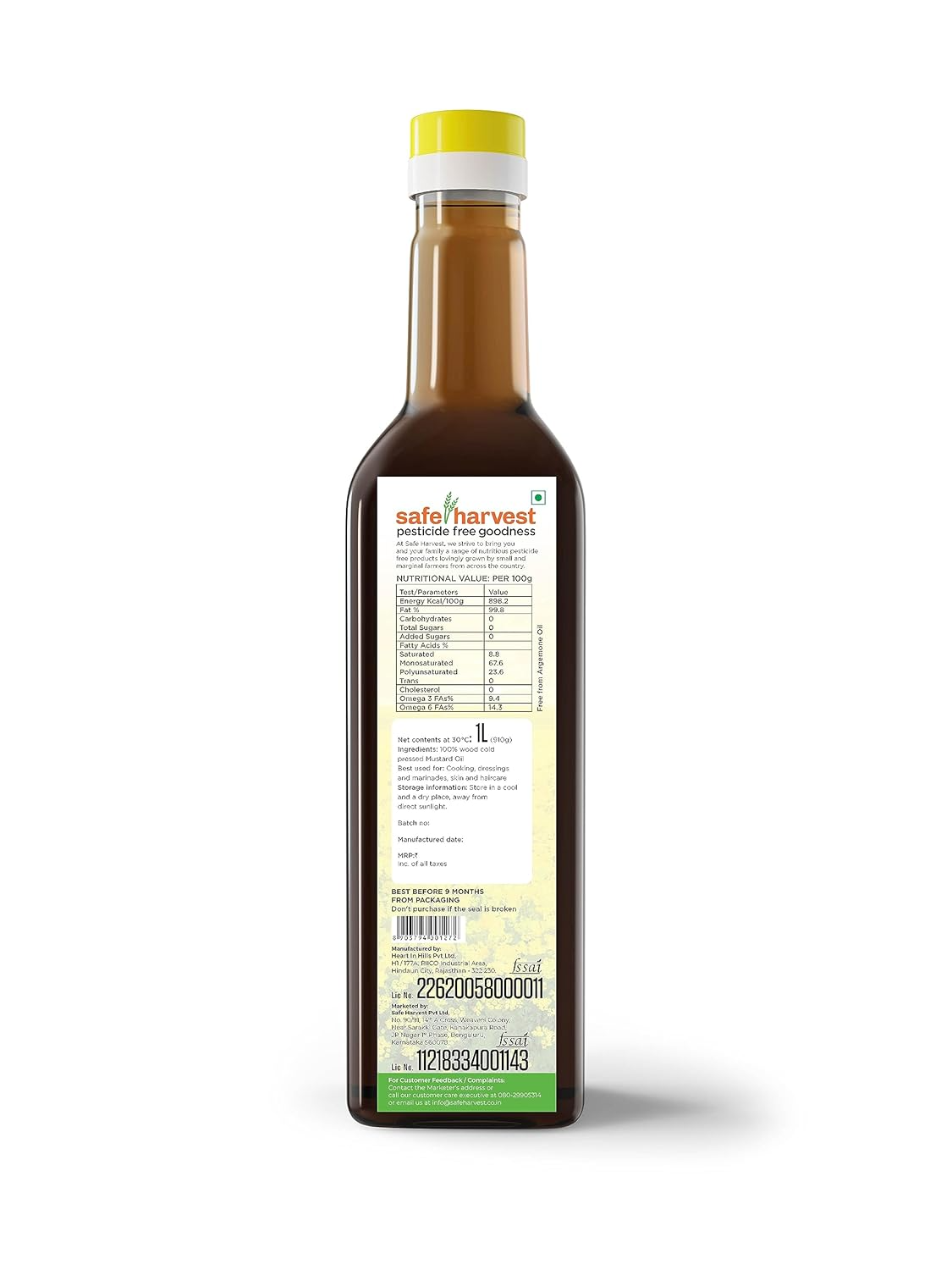 Safe Harvest Pesticide Free Wood Cold Pressed Mustard Oil/Kolhu,  1 Litre High Pungency, Rich in Omega 3 and 6